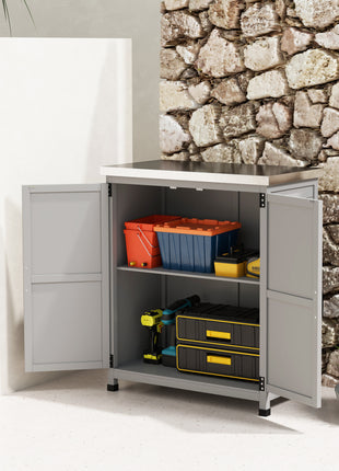 Wooden Storage Cabinet, Outdoor Prep Table with Metal Tabletop, Shelves and Double Doors for Patio, Garden, Gray