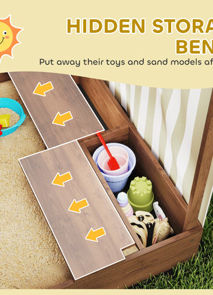 Kids Wooden Sandbox with Canopy Fully Covered, 2 Bench Seats, Bottom Liner, 56" x 40" x 52", Brown