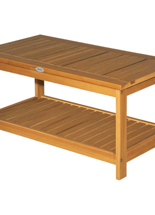 36" Outdoor Coffee Table 2-Shelf Acacia Wood Rectangular Buffet Storage Organizer Natural Finish Teak Patio, Deck, Lawn, Garden