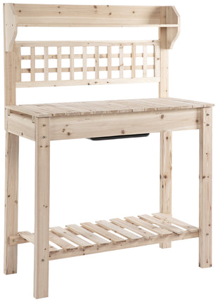 Outdoor Potting Bench Table, Wooden Workstation with Sliding Tabletop, Storage Shelf and Dry Sink, for Greenhouse, Garden, Patio, Natural