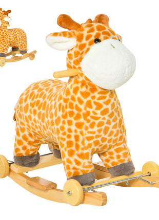 Rocking Horse, 2 in 1 Kids Ride on Horse, Rolling Giraffe Animal Rocker with Sound, Wooden Base, Pedal, Grip Handle, Plush Riding Pony for 3-6 Years Old, Yellow
