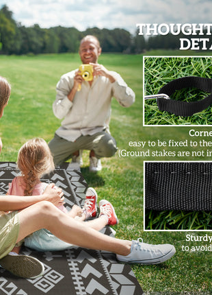 Reversible Outdoor Rug, Waterproof Plastic Straw with Carry Bag, 9' x 18', Black & Gray Rhombus Patchwork