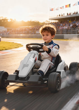 24V Electric Go Kart with Dual 150W Motors, Adjustable Seat & 11.2MPH High Speed, Slow Start, 5-Point Harness, White