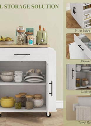 Rolling Island with Wheels for Kitchen, Kitchen Island on Rollers with Power Outlets, Drawer, and Doors, White