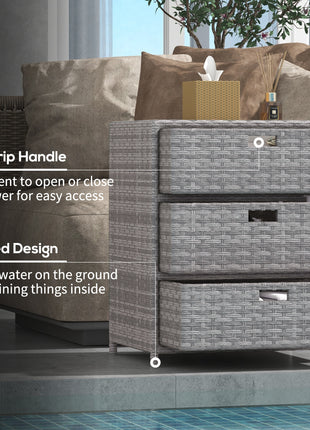 Patio PE Rattan Storage Cabinet, Wicker Pool Cabinet Organizer, Outdoor Towel Rack for Pool with 3 Drawers, Gray