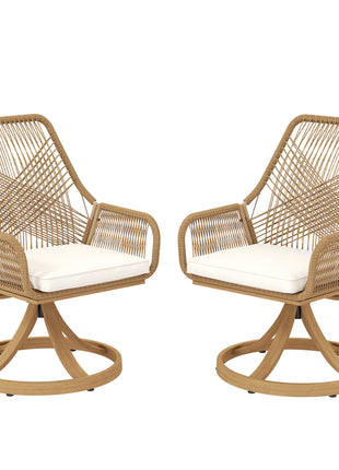 Patio Swivel Chairs Set of 2, Rattan Patio Dining Chairs with Soft Cushions for Backyard, Lawn, Porch, or Garden, Khaki