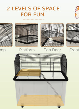 22" 2-Tier Hamster Cage with Extra-Deep 14" Base, Small Animal Cage with Ramp, Water Bottle, Food Dish, Wheels, Black