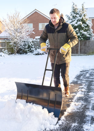 Snow Shovel with Wheels, 29" Metal Snow Pusher with Adjustable Handle, 7-Angle Blade, Wear Strip for Driveway, Black