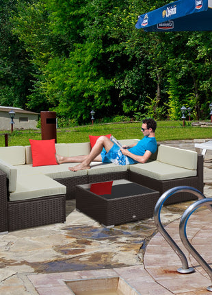 7 Piece Outdoor Patio Sofa Set with Cushions, All Weather PE Rattan, 29.5" Sofa Section, Glass Top Coffee Table for Outdoor Living, Beige