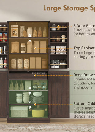 72" Tall Kitchen Pantry Cabinet, Farmhouse Storage Cabinet with 8 Door Racks and Adjustable Shelves, Distressed Brown