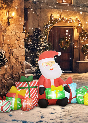 4.4' Inflatable Santa Claus and Gift Boxes w/ White LED Lights, Blow-Up Outdoor Display for Party