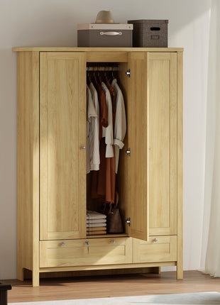 3 Doors Wardrobe Closet with 2 Drawers, Bedroom Armoire with Lockable Drawer, Hanging Rod and Storage Shelves, Natural