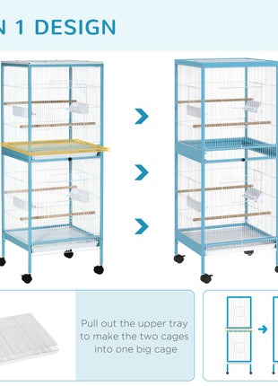 55" 2 In 1 Bird Cage Aviary Parakeet House for finches, budgies with Wheels, Light Blue