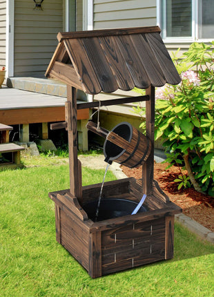 Outdoor Wooden Wishing Well Fountain with Adjustable Water Flow Rate, Rustic Waterfall Fountain, Carbonized Finish