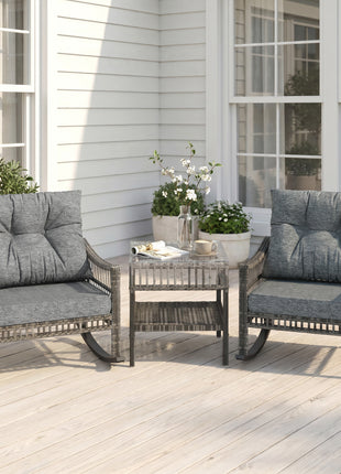 3 Piece Outdoor PE Rattan Rocker Chair Set, Rocking Chair with Tempered Glass Table Top, Gray