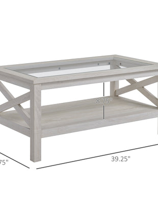 Coffee Table with Tempered Glass Tabletop, Living Room Table with Wood Frame and Underneath Storage Shelf, White Oak