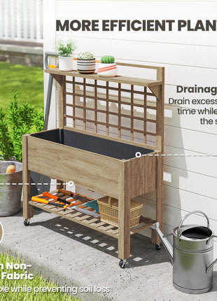 41" Raised Garden Bed Mobile Elevated Wooden Planter Box Stand with Wheels, Trellis and Storage Shelf, Dark Brown