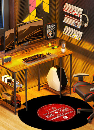 Computer Desk with Storage, 47" Reversible Computer Table with Power Outlets and LED Lights, Rustic Brown