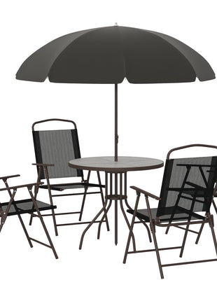 6 Piece Patio Dining Set for 4 with Umbrella, Outdoor Table and Chairs with 4 Folding Dining Chairs & Round Glass Table for Garden, Backyard and Poolside, Black and Coffee