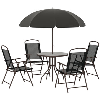 6 Piece Patio Dining Set for 4 with Umbrella, Outdoor Table and Chairs with 4 Folding Dining Chairs & Round Glass Table for Garden, Backyard and Poolside, Black and Coffee