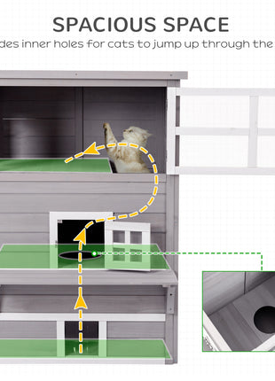 Outdoor Cat House, 3-Tier Kitty Shelter with 5 Escape Doors, Weather Resistant, Gray & White