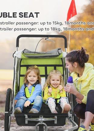 2-Seat Elite 360 Swivel Bike Trailer for Kids Bicycle Cargo Trailer with Water-Resistant Windows, Green and White
