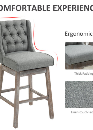 Bar Height Bar Stools Set of 2, 180 Degree Swivel Barstools with Solid Wood Footrests and Button Tufted Design, 30" Seat Height Bar Chairs for Kitchen Island, Gray