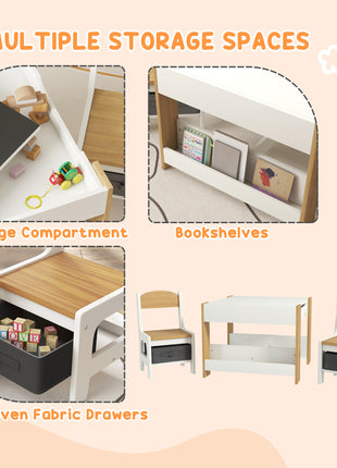 3pc Kids Table and Chair Set with Reversible Tabletop Blackboard, Storage & Bookshelves, Natural