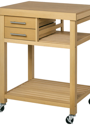 Bamboo Kitchen Island Cart on Wheels, Utility Trolley Cart with 2 Storage Drawers and Open Shelves, Bamboo Tone