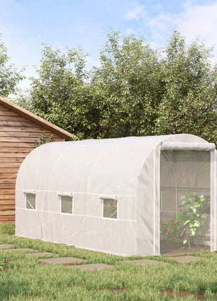 14.6' x 6.6' x 6.6' Walk-In Tunnel Greenhouse, Large Garden Hot House Kit with 6 Roll-up Windows & Roll Up Door, Steel Frame, White