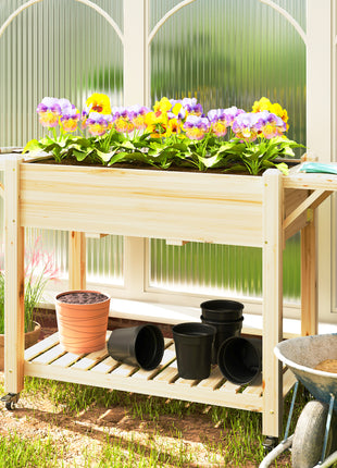 Wood Raised Planter Box, Elevated Garden Bed with Lockable Wheels, Side Tables, Bottom Shelf, Drain Holes, Natural