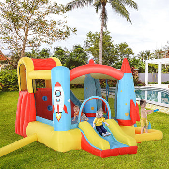 Kids Bounce House, 4-in-1 Rocket Inflatable Water Slide Jumping Castle with 2 Slides, Climbing Wall, Trampoline, & Water Pool Area, Air Blower