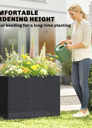 Tall Rectangular Planter with Removable Liner, Holes, PE Wicker Large Planter Box for Indoor Outdoor Plants, Black