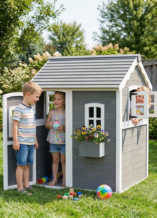 Outdoor Wooden Playhouse for Kids with Floor, Door, Windows, Planter Box for 3-8 Years Old, Backyard, Lawn, Garden