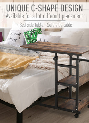 Industrial C-Shaped Mobile Rolling Sofa Side Table with 3-Tier Storage Shelving, Adjustable Height, & Wheels