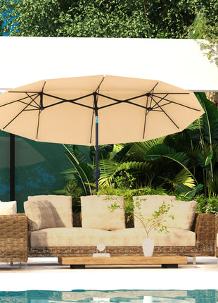 Double Sided Patio Umbrella, 9.7' Large Outdoor Market Umbrella with Push Button Tilt and Crank, 3 Air Vents and 12 Ribs, for Garden, Deck, Pool, Brown