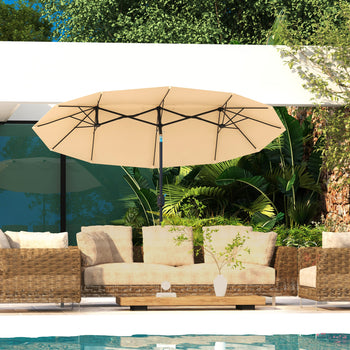 Double Sided Patio Umbrella, 9.7' Large Outdoor Market Umbrella with Push Button Tilt and Crank, 3 Air Vents and 12 Ribs, for Garden, Deck, Pool, Brown