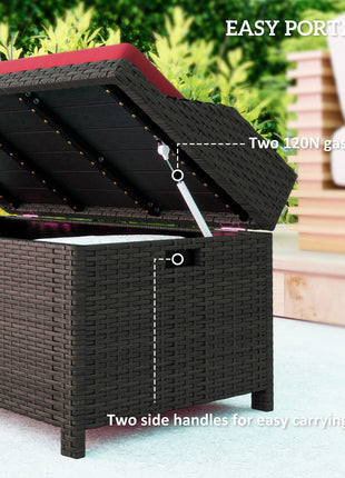 Outdoor Wicker Storage Bench with Storage & Cushion, Red
