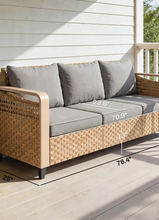 Rattan Wicker Sofa 3-Seater Outdoor Patio Sofa with Cushions for Garden Backyard Porch Gray