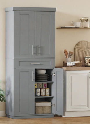 Modern Kitchen Pantry Freestanding Cabinet Cupboard with Doors and Drawer, Adjustable Shelving, Gray