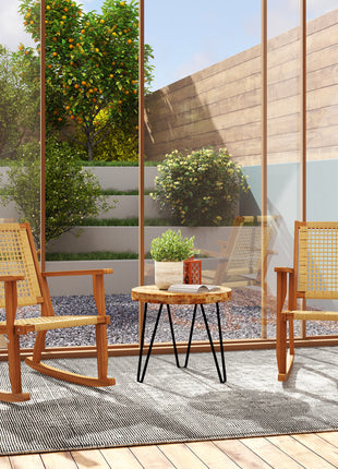 Outdoor Lawn Rocking Chair Set of 2, Acacia Wood Patio Rocking Chairs with Wicker Back and Seat for Garden, Khaki