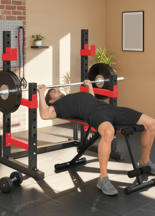 Adjustable Squat Rack, 660lbs Multi-Functional Bench Press Rack for Weight Lifting Home Gym Strength Training, Red