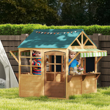 Wooden Outdoor Playhouse, Foldable Kids Cottage with Windows, Working Door, Snack Bars, Waterproof Covers, for 3-8 Years
