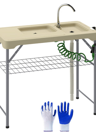Folding Fish Cleaning Table with Sinks, Portable Camping Sink Table with Faucet, Drainage Hose, Sprayer, Shelf, Drawer and Storage Basket, Outdoor Fillet Table for Picnic Beach Patio, Tan