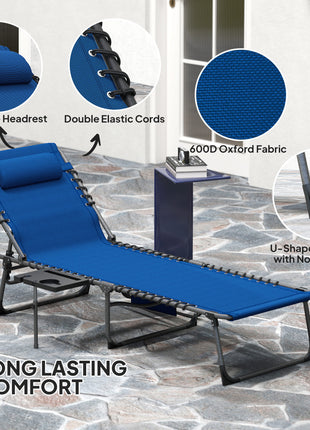 Folding Outdoor Chaise Lounge Chair Tanning Chair with 5-Level Adjustable Back, Side Table, Pillow, Pocket, Dark Blue