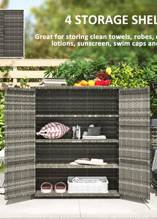 Rattan Wicker Outdoor Storage Cabinet with 4 Shelves and 2 Doors for Garden Pool Towel Storage, Mixed Gray