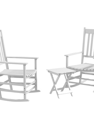 Outdoor Rocking Chair Set of 2 with Side Table, Patio Wooden Rocking Chair with Smooth Armrests, High Back for Garden, Balcony, Porch, Supports Up to 352 lbs. , White