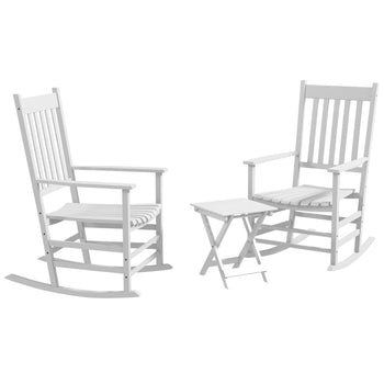 Outdoor Rocking Chair Set of 2 with Side Table, Patio Wooden Rocking Chair with Smooth Armrests, High Back for Garden, Balcony, Porch, Supports Up to 352 lbs. , White