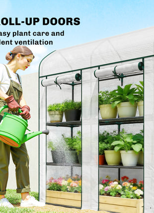3 Tier Mini Greenhouse, Small Portable Greenhouse with 2 Roll-up Doors, 56.3" x 18.1" x 65", White