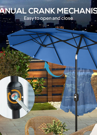 Double-sided Patio Umbrella, 9.5' Outdoor Umbrella with Push Button Tilt and Crank, 3 Air Vents and 12 Ribs, Navy Blue